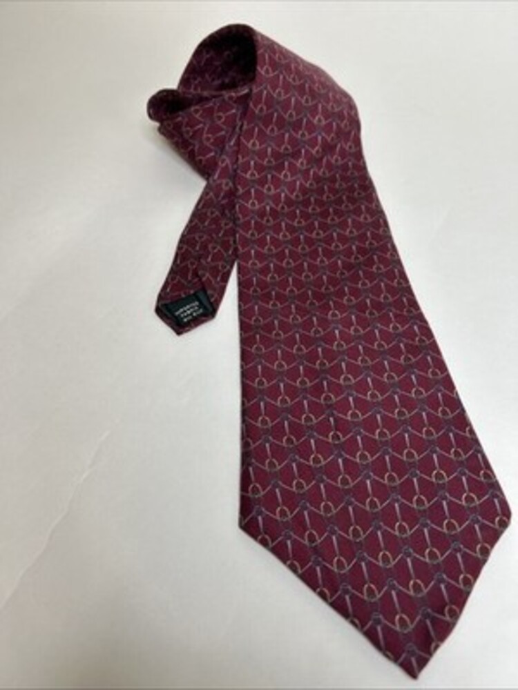 Lord & Taylor Men's Silk Tie Necktie Maroon,  Grey Gold Chain Pattern